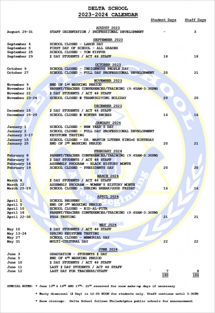 23 24 Calendar Delta School