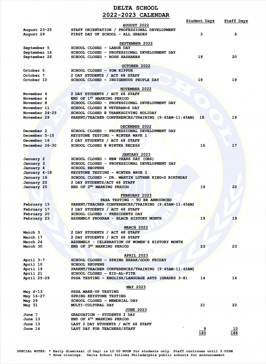 22 23 Calendar Delta School